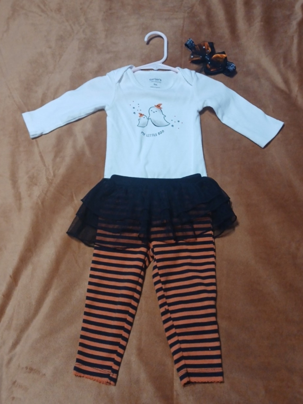 Carter's White Top with Black Tutu and Orange-Black Striped Leggings